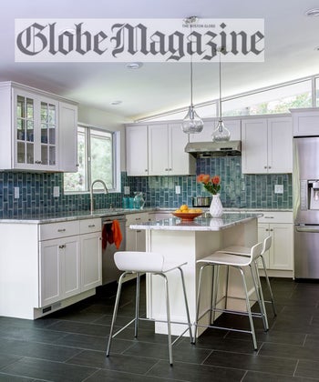 Boston Globe Magazine article: "White, blue, and modern...A mid-century kitchen in Lexington gets an overhaul designed to endure."