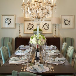 Aqua and grey dining room with abstract art series