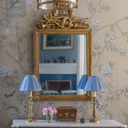Beacon Hill Foyer with Silk Chinoiserie Wallpaper and Louis XVI Commode