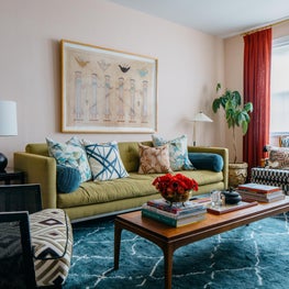 Colorful, eclectic vintage inspired blush living room