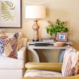 Natural wood accents, warm saturated color and pattern with a contemporary feel.