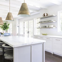 Modern Kitchen, Marble Seating Island, Sky Blue L-Shaped Banquette, Walnut Floor