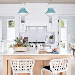 Kitchen, Turquoise Urban Electric Co. Lundy Pendants, McGuire Exalt Counter Stools, White Oak Kitchen Island, Caesarstone Pure White Countertops