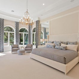 Delray Beach Mansion - Bedroom - Luxe custom fabrics and carpet, white, grey