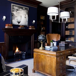 Navy and Camel Home Office with Modern Photography