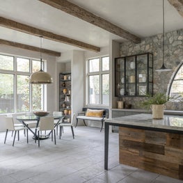 Bright & airy kitchen with natural wood & stone accents; Houston, TX