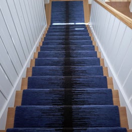 Short Hills Shingle Style Residence, Stair with White Paneling & Blue Runner
