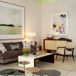 NYC Apartment Living Room, show house, green accents, vintage pieces