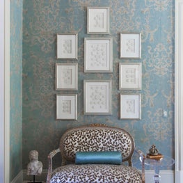 Cut velvet patterned French settee & itaglio collage on hand painted wallpaper