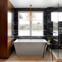 Lake Austin Remodel, Master bath with Black & Gold Zebrino Marble clad walls