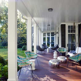 Short Hills Shingle Style Residence, Large Covered Porch, Seating Beside Garden