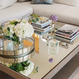 Expansive Decadent Waterfront, mirrored coffee table, mirrored tray, coffee table books, mirrored tray, neutral room