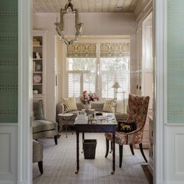 Textured home office with Phillip Jefferies wallpapered ceiling designed by Robin Gannon Interiors