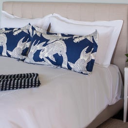 Beach house master bedroom bed linen detail