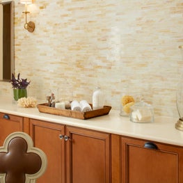 Accent glass mosaic tile in master bathroom