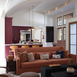 Warm Rustic Family Room and Wine-Colored Renovated Kitchen