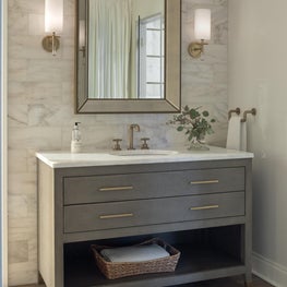 Transitional Guest Bath with Marble and Parquet Tile