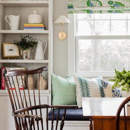 Kitchen and Breakfast Nook with Window Seat and Built-In Bookshelves