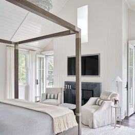 Master Bedroom, White Walls, Bernhardt Bed, Stark Carpet Rug, Shiplap Walls, Lee Industries Cream Armchair - Coastal-Inspired Chicago Project