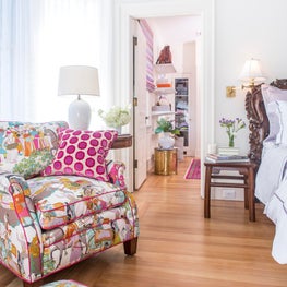 Bold pattern, colorful, magenta accents, brass