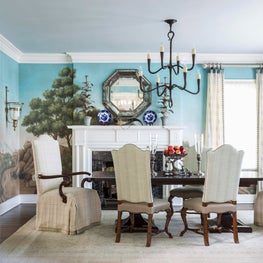 Formal dining room with hand-painted Gracie wallpaper in an equestrian motif