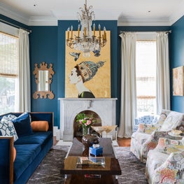 Formal Living with custom upholstery and original art by Ashley Longshore