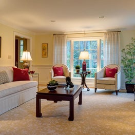 Sophisticated, inviting Asian feeling living room with baby grand piano