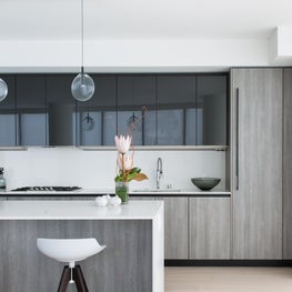Downtown Pied-a-Terre, white, crisp Kitchen with grey washed cabinetry