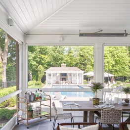 Screened-in Porch, Restoration Hardware Dining Table, Teak Warehouse Dining Chairs, Jayson Home Barcart - Coastal-Inspired Chicago Project