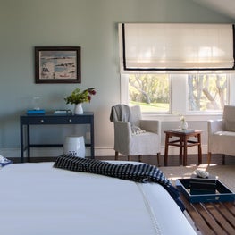 Beach house bedroom, navy koi pattern, navy trimmed romans