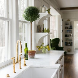 Connecticut Farmhouse Update, White Kitchen with Farmhouse Sink with Open Shelving