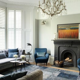 Living room, Crouch End, London, Victorian terrace, showing velvet sofas