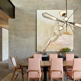 Tahoe Marvel, Dining Room with vintage chairs and Gabriel Scott Chandelier.
