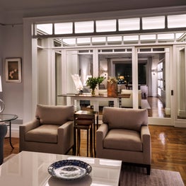 Riverside Drive Apartment, Open Living Space, Glass Wall Partitions allow Light