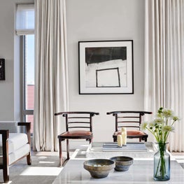 Living Room, Neutral Color Palette, Rogers and Goffigon Drapery, Black and White Art, Bentwood Side Chairs - Old Town Penthouse Project