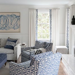 Navy and Neutral Family Room with Custom Upholstered Furniture
