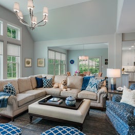 Great Room Plays with Pattern but Keeps it Balanced with Classic Neutrals 