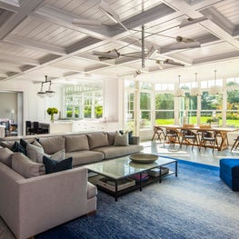 Hamptons Residence, Family Room w/ coffered ceiling - open to Kitchen & Dining