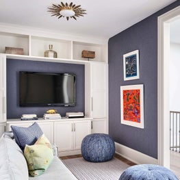 Lounge Area, Blue Walls, Statement Art, Poufs, Grey Sofa, Statement Lighting - Lincoln Park Greystone Project