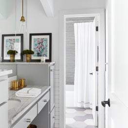 Lake Austin Remodel, Jack & Jill Bathroom with gray hex floor tiles