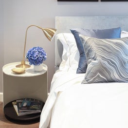 Bedroom in showflat apartment, colour, texture, contemporary styling 