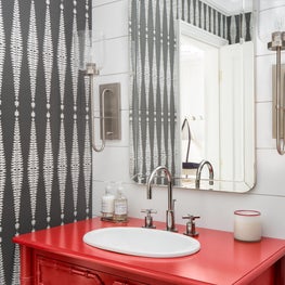 Bathroom with Custom Red Vanity at Waites Landing Waterfront, Falmouth