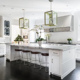 Large Kitchen Island with Seating & Storage, Marble, Rectangular Glass Pendants