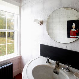 Connecticut Farmhouse, Modern Bathroom, Marble sink, Wallpaper