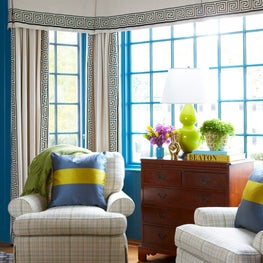 Living Room with Blue Walls and Drapery with Valances