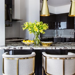 Portfolio: Houston high-rise kitchen vignette with dark cabinets and bold gold accents