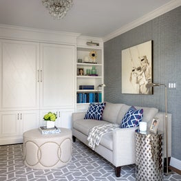 Media room with a custom built in Murphy Bed hidden in the cabinetry 
