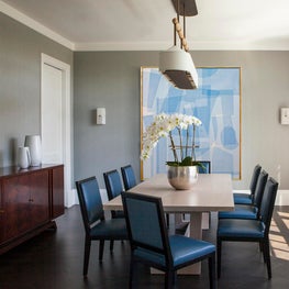 Hamptons Residence, Dining Room w/ neutral palette and blue upholstered chairs