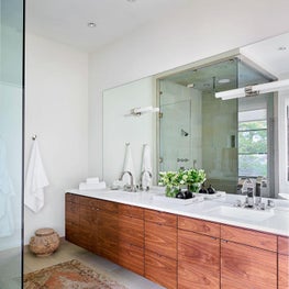White Bathroom, White Walls, Wood Cabinets, Walk-in Shower, Jack and Jill Sinks, Silk Rug - Glencoe Contemporary Project