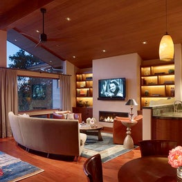 Portola Valley, CA - Family Room: rich woods, plaster walls, artisan furnishings and custom millwork
